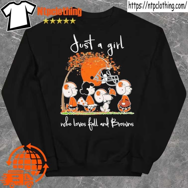 Official peanuts Just A Girl Who Loves Fall And Cleveland Browns Shirt,  hoodie, sweater, long sleeve and tank top